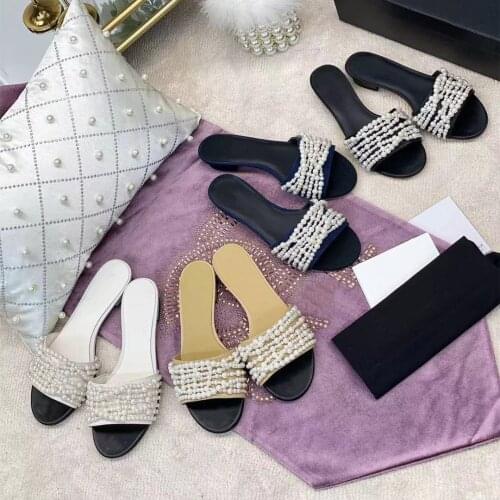 Real Leather Slides Women Pearl Decor Flats Slippers New Design Summer Beach Shoes Fashion Luxury Brand Fashion Shoes for Women