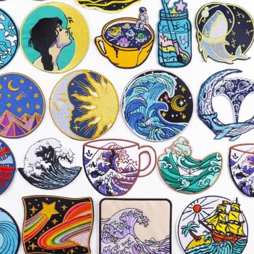 Prajna Cartoon Wave Applique Embroidered Patches For Clothing Thermoadhesive Patches Iron On Space Patches On Clothes Badges DIY