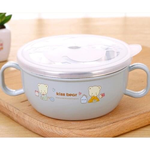 1 Set For Children Smart Stainless Steel Cartoon Feeding Bowl with Handles and Spoon for Babies Toddlers and Kids BPA Free