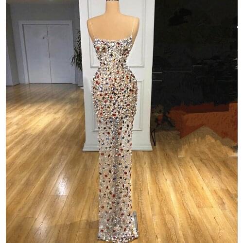 Brightly Colorful Rhinestones Evening Sexy Dress Prom Sexy Crystals Stretch Mesh Dance Costume Birthday Collections