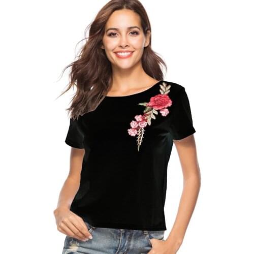 Neatie kiddie Fashion Floral Embroidery Short Sleeve Black Summer Tee shirt Female T-shirt Women Clothes Casual T shirt