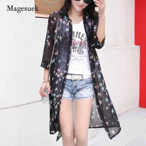 Floral Long Blouses Nice Chiffon Cardigan Loose Half Sleeve Flower Print Women Tops and Blouse Summer Sun Protection Shirts 4152