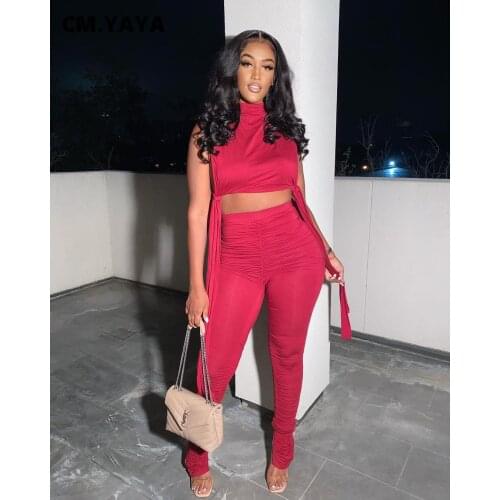 CM.YAYA Active Sweatsuit Womens Set Tie Up Crop Tops and Stacked Flare Pants Suit Sport Tracksuit Two Piece Set Fitness Outfit