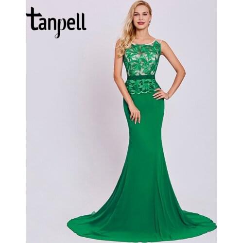 Tanpell embroidery evening dresses dark green sleeveless floor length a line gown women sweep train long mermaid evening dress