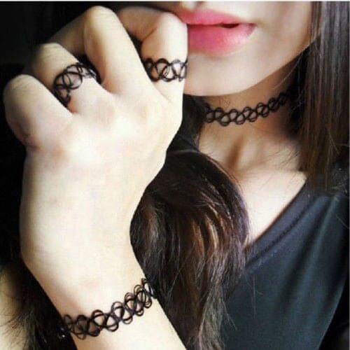 1Set Magic Vintage Tattoo Choker Necklace Bracelet Ring Set Elastic Jewelry Hippy Chick Colares Femininos