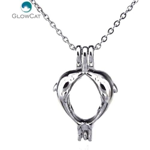 K113 Silver Double Dolphin Dffuser Locket Necklace Pearl Bead Cage Steel Chain Aroma Essential Oil Diffuser Locket