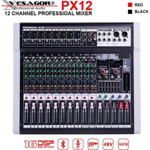 Mixer Audio PX12 12-Channel Audio Mixer DJ Controller Sound Board with 16 DSP Effect USB Bluetooth XLR Aux Input Interface Audio