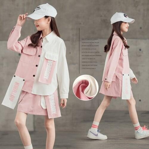 Teen Girls Clothing Set 2021 Spring Summer Pink Letter Suit for Children Costume Long Sleeve Coat Skirt 2 Pcs Kids Tracksuit 8 Y
