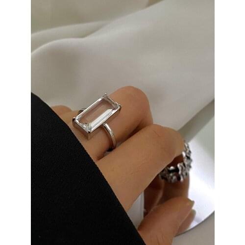 925 Sterling Silver Large Square Diamond Open Ring Simple Micro-Inlaid Personality Fashion All-Match Jewelry