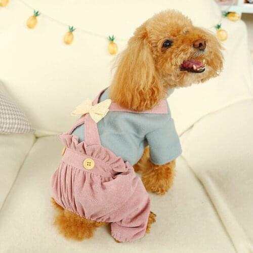 Pet Dog Cat Four Legged Jumpsuit Teddy Pomeranian Bichon Dog Comfortable Fashion Lace Bowknot Rompers Shirt Pants Casual Clothes