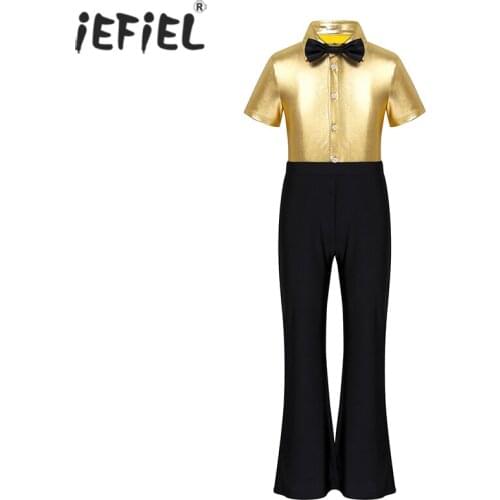 Fashion Kids Boys Rock Jazz Dance wear Bodysuit Metallic Short Sleeves Costume Performance Halloween Party Jumpsuit with Tie