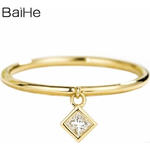 BAIHE Solid 14K Yellow Gold 0.07CT H/SI Natural Diamonds Engagement Women Trendy Fine Jewelry gift Simple square diamond Ring