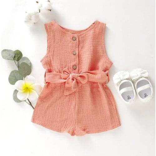 New Girl Infant Toddler Solid Color Buttons Front Tight Bow Belt Jumpsuit