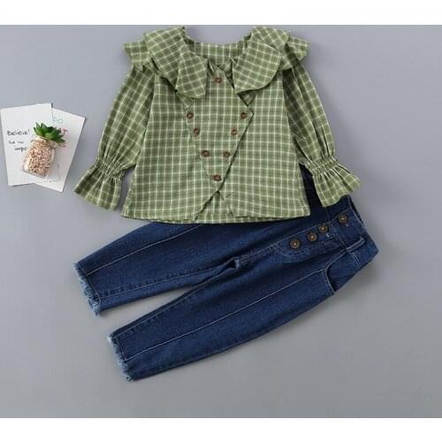 Girls Long Sleeve Plaids Design Solid Color Shirts+Dark Washed Jeans Pants 2PCS Clothing Sets Fashion Summer Clothing Set