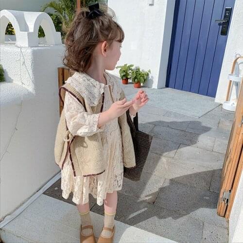 2021 Autumn Girls Dress Fashion Children Baby Princess Robe Fille Lace Beige Girl Dresses + Vest Sweater 2 Pieces Sets