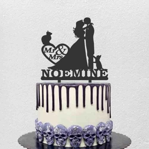 Personalized Mr Mrs Name Couple and Lovely Cat Acrylic Cake Topper For Wedding Anniversary Party Cake Decoration Topper