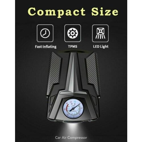Portable Travel Car Air Inflator Auto Bike Motorbike Tire Pump with Pressure Gauge Emergency LED Light with Nozzle Adaptors
