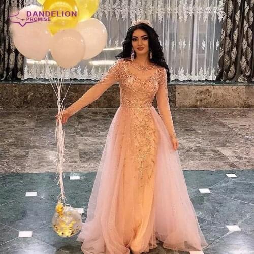 Luxury Dubai O Neck Evening Dress for Women 2020 Beads Handmade Long Sleeves Mermaid Tuttle Formal Party Gowns