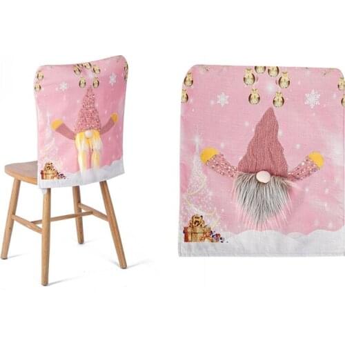Christmas Funny Gnome Chair Covers with LED Light Cartoon Faceless Santa Pink Chair Back Slipcover for Dining Holiday