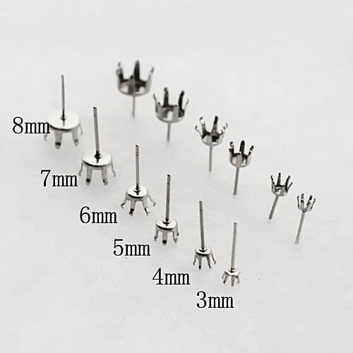 Stainless Steel Stud Earrings Settings with 6 Prongs Pins Bezel Crystal Cabochons Bases Earrings post Findings DIY Crafts