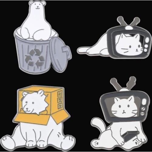 Cute Animal Brooch Cartoon TV Cat Trash Can Little White Bear Lady Lapel Dress Backpack Metal Pin Fashion Design Accessories