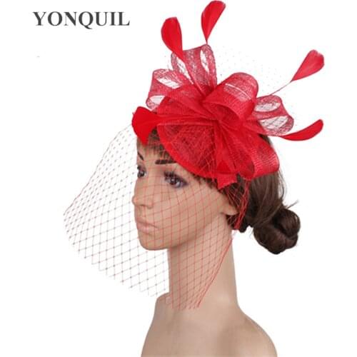 Sinamay Red Wedding Headwear Fashion Cocktail Race Fascinator Hat Elegant Bridde Mesh Headpiece Wedding Mariage Party Chapeau