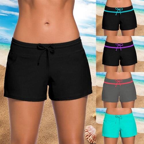 Womens Swimming Trunks Lace Up Beach Swim Shorts Black Swimsuit Bottoms Adjustable Wide Waistband Bikini Pants Female Plus Size