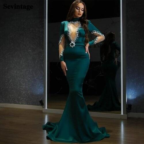 Sevintage Soft Satin Mermaid Evening Dresses High Neck Crystal Beaded Prom Gowns Long Sleeves Women Party Gowns Custom Made