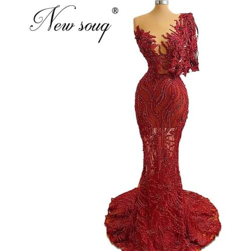Mermaid Long Evening Dresses 2020 New Couture Dubai Beaded Prom Dress One Shoulder Illusion Celebrity Gowns Robe De Soiree Aibye
