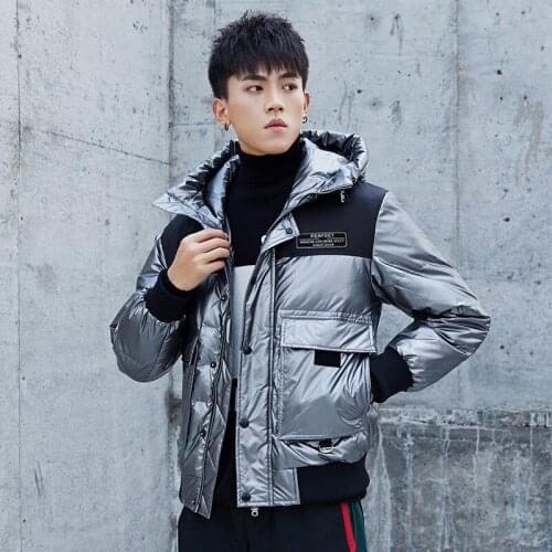 Winter Mens White Duck Down Coats Hooded Short Shining Puffer Jackets Male Thick Hip Hop Streetwear for Men Outerwear JK-916