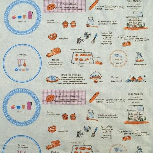 1 yard Cotton Linen Fabric for sewing pathwork, bedding, hadmaking, Breakfast time (blue) (width=140cm)