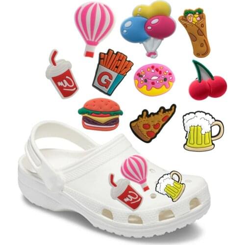 10Pcs/lot Foods Burger Fries Beer Donuts Shoe Charms Accessories fit Shoes Milk Coffee Pizza Avocado Decoration Kids Gift