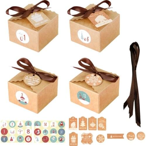 24sets Kraft Paper Box Merry Christmas Gift Box Xmas Party Decoration Chocolate Candy Box Packaging Box with Ribbons Hang Tags