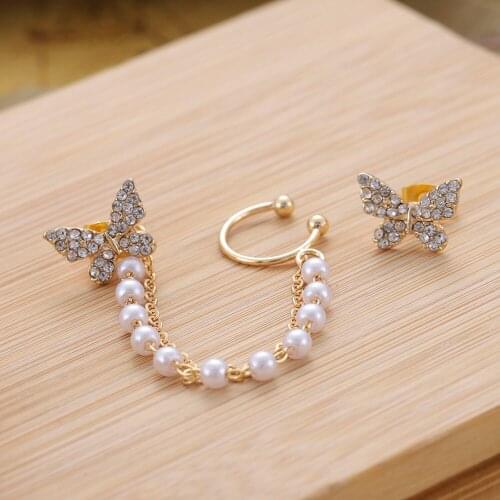 Zircon Fairy Butterfly Earrings Creative Asymmetrical Pearl Chain Ear Bone Clip Sweet Pearl Women Jewelry Ear Clip Valentine New