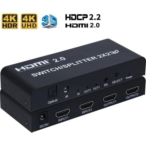 HDMI-compatible 2.0 Switch Splitter with audio toslink&Aux 2X2 Switcher Splitter Box UHD 4K 60Hz HDR HDCP 2.2 for PS4 pro