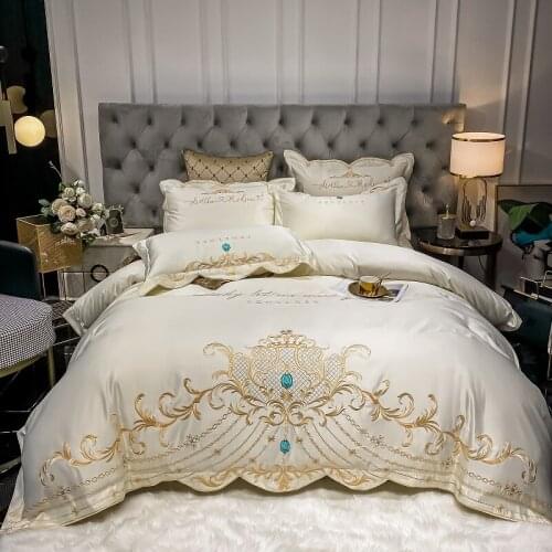 Luxury White Satin Silk Cotton Bedding Set Soft Silky Gold Embroidery Duvet Cover Flat/Fitted Sheet Pillowcases Home Textiles