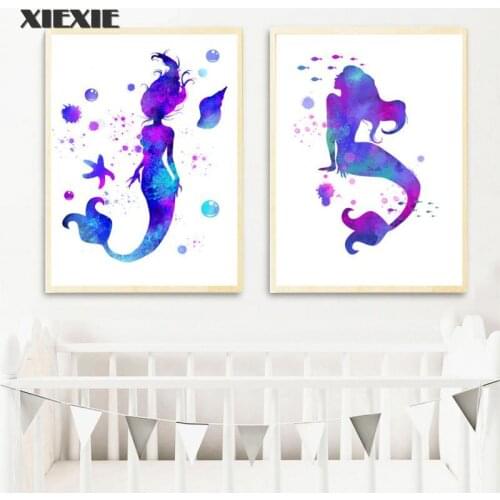 Wall Art Canvas Painting Purple Mermaid Nordic Posters And Prints Cartoon Wall Pictures For Kids Room Baby Bed Room Decoration