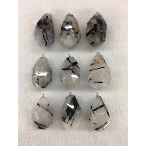 Wholesale 5pcs/pack Faceted Black Rutilated Quartz Rock Crystal Bead Pendant,Natural Stone Pendant fit Jewelry