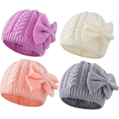 Baby Autumn and Winter Warm Knitted Hat Newborn Baby Solid Color Bowknot Acrylic Hat 0-3 Years Newborn Accessories