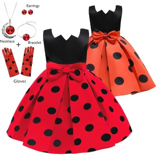 Girls Sweet Princess Dresses Kids Print Dot Dress With Gloves Elegant Children Clothing For Wedding Party Formal Ball Gown 3-10Y