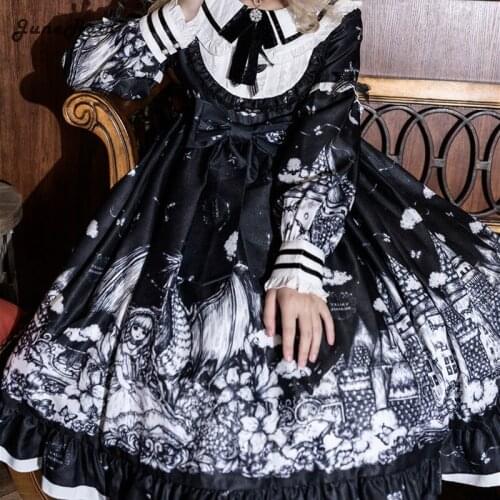 JuneRain Gothic Lolita Dark Color Loli Autumn Winter Daily Lolita High Waist Kawaii Girl Cos Long Sleeve Dress Women Vestidos