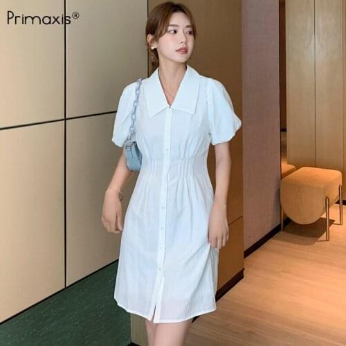 Primaxis summer dress for Womens tube top 2021 French V-neck retro small lapel white puff sleeve blouse Dress woman