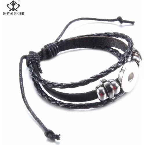 ROYALBEIER Handmade Hand-woven Jewelry Fit 18mm Snap Button Wrap Multilayer Leather Braided Rope Wristband Men Snaps Jewelry