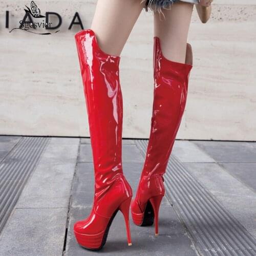 Sgesvier Fashion Stiletto Super High Heel Sexy Platform Boots Female Shoes Winter Patent Black Long Over The Knee Boots Botas