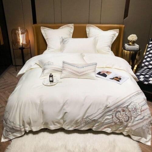Chic Embroidery Duvet Cover Set White Gray 100%Egyptian Cotton Luxury Bedding Full Queen Comforter Cover 1Bed Sheet 2Pillowshams