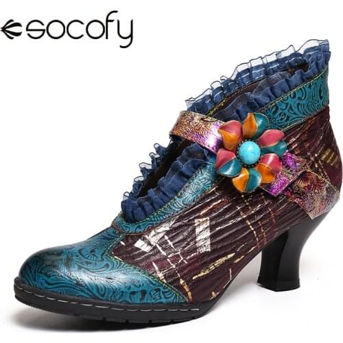 SOCOFY Botas Mujer Boots Lace Genuine Leather Splicing Floral Low Heel Elegant Pumps Ladies Shoes Women Spring 2020