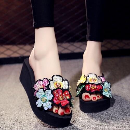 2019 Summer Women Thick Bottom Wedge Slippers Handmade DIY Sequins Flowers Decor Ladies Platform Slipper Beach Sandals Shoes