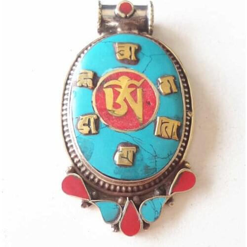 TBP618 Tibetan Mantras Amulet Big Penants OM Copper Inlay Colorful Stone Tibet Tribal Jewelry