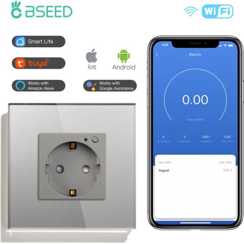 BSEED Wifi Smart Wall Socket EU Standard Outlet Sockets Glass Wall Socket 16A 250V White Black Golden Support Tuya Smart Life