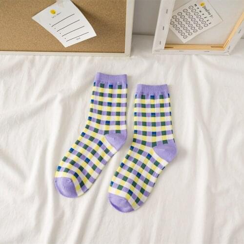 Spring and summer models Xuanya stripes purple lattice summer thin socks womens tide tube socks Japanese cotton socks